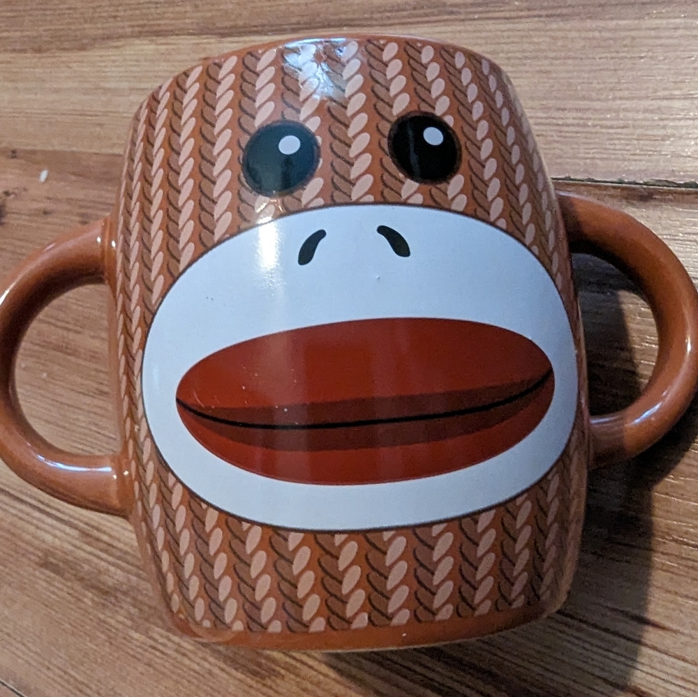 Sock Monkey Coffee Mug Double Handle Ceramic Tea Cup Galerie Brown Striped